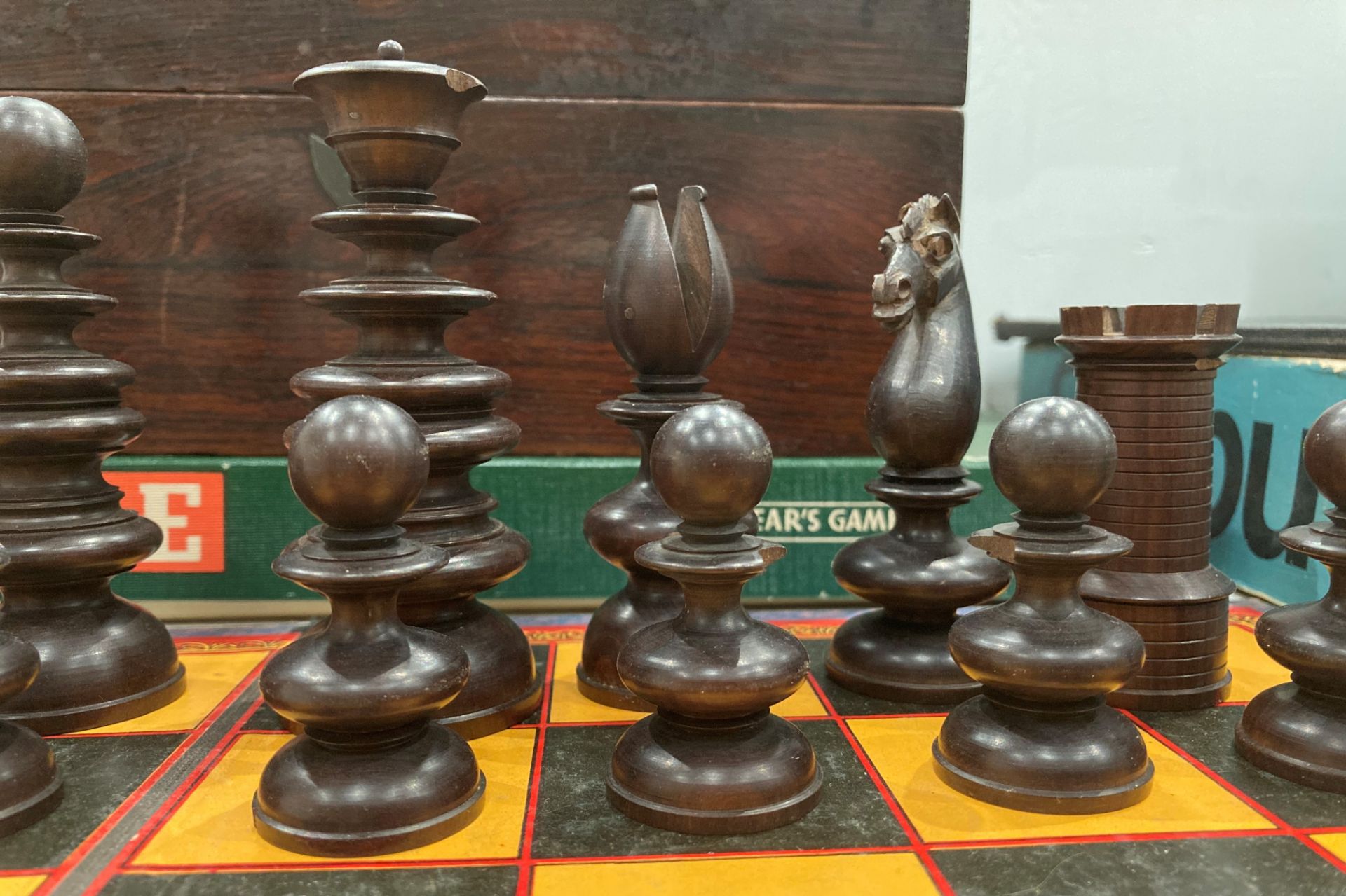 A wood chess set with one replacement castle and several pieces damaged complete with a walnut box - Image 5 of 13