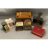 Contents to tray a spring letter balance, an old hole punch, old stamp punch set,