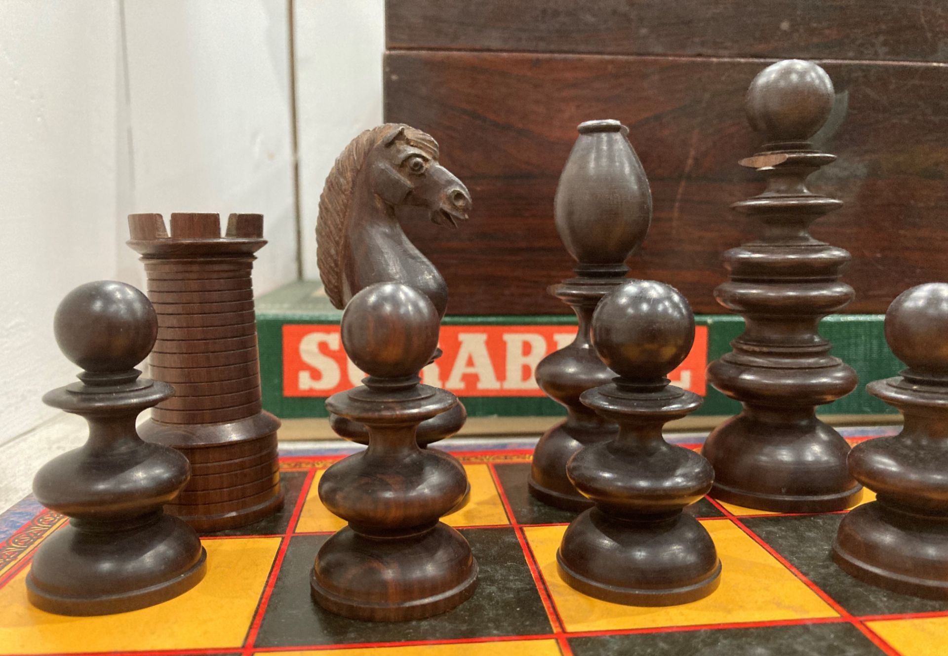 A wood chess set with one replacement castle and several pieces damaged complete with a walnut box - Image 4 of 13