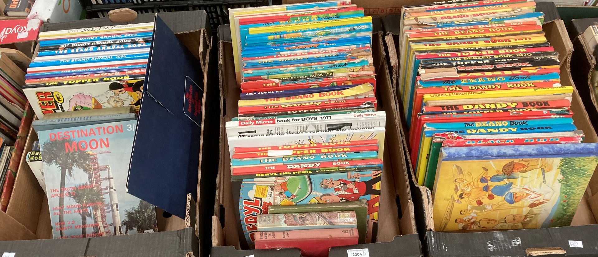 Contents to three trays sixty five childrens annuals running from circa 1965-2006 to include Beano,