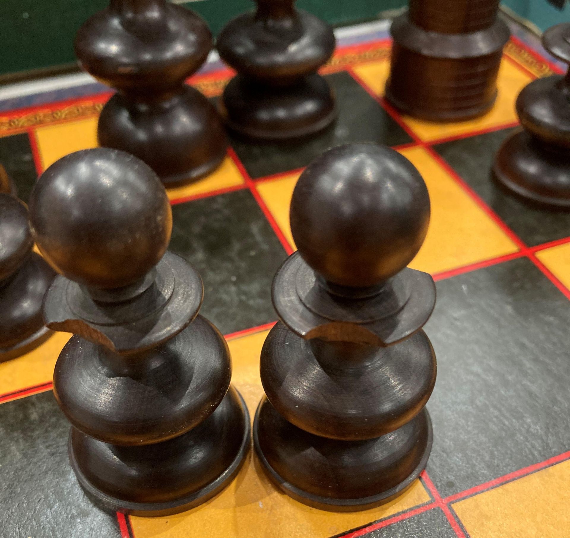 A wood chess set with one replacement castle and several pieces damaged complete with a walnut box - Image 8 of 13