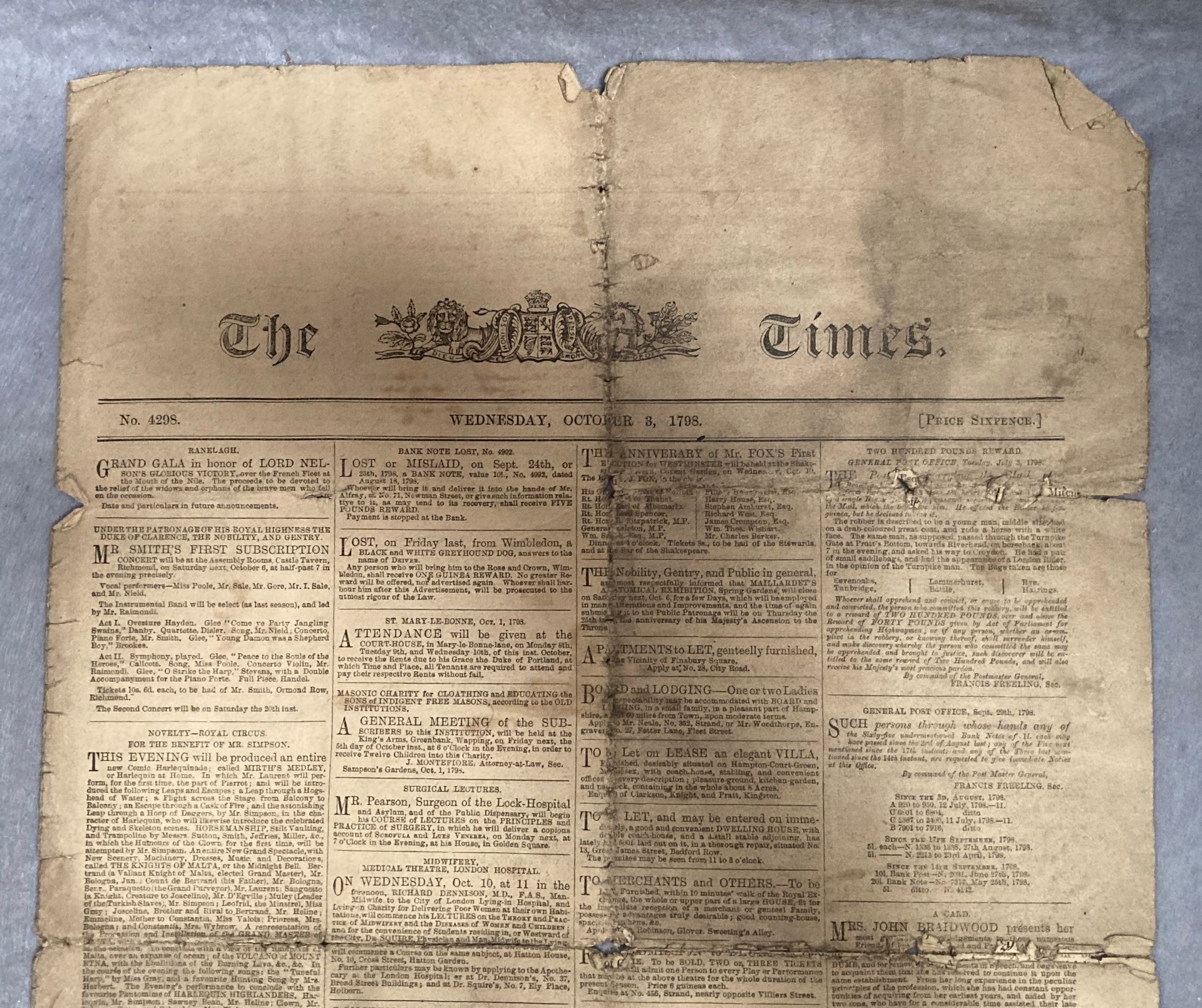 The Times Newspaper dated Wednesday October 3rd 1798 No. - Image 2 of 8