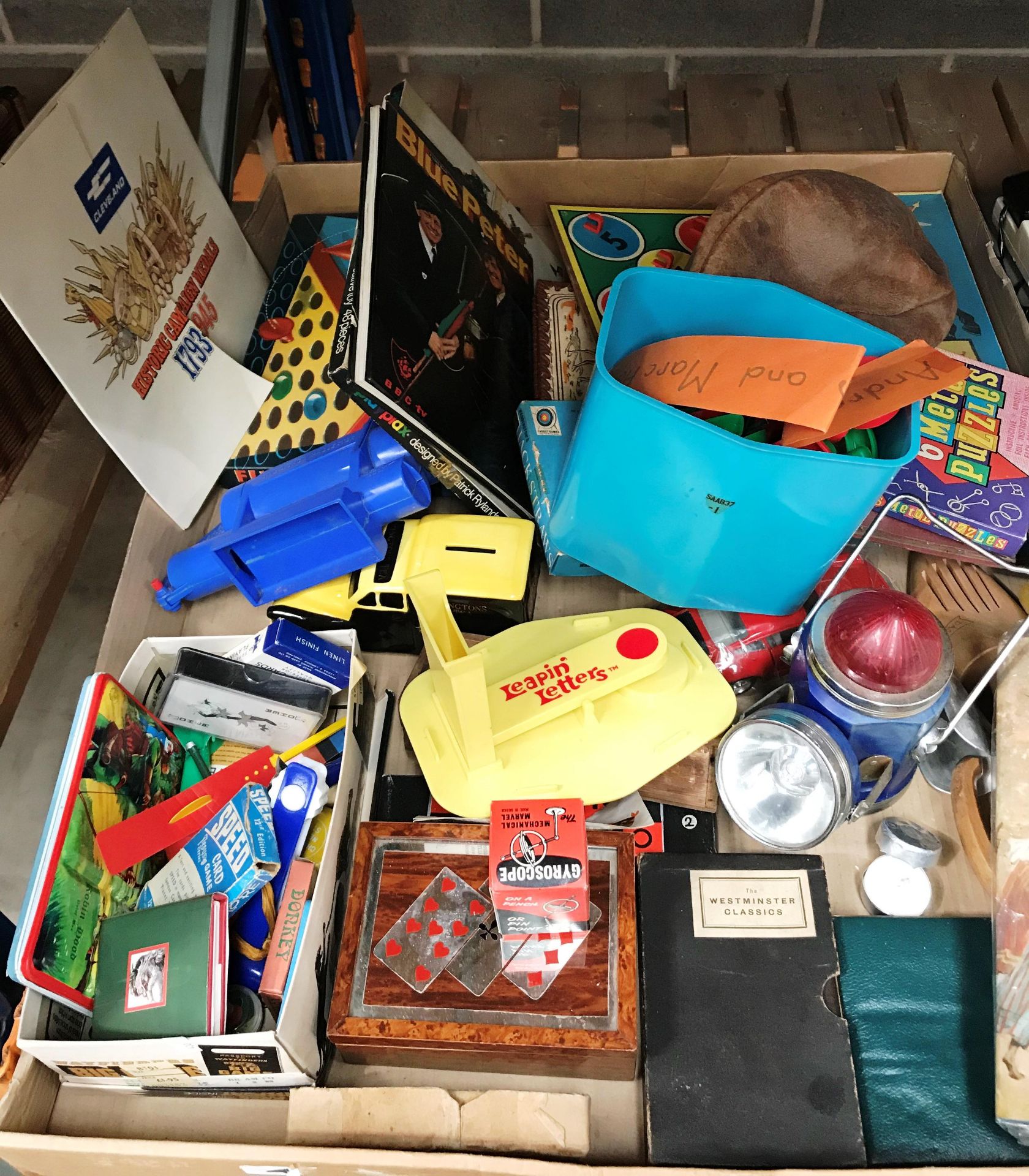 Contents to tray assorted games - Leapin' Letters, Jackstraws, Play Flax, Flying Hats,