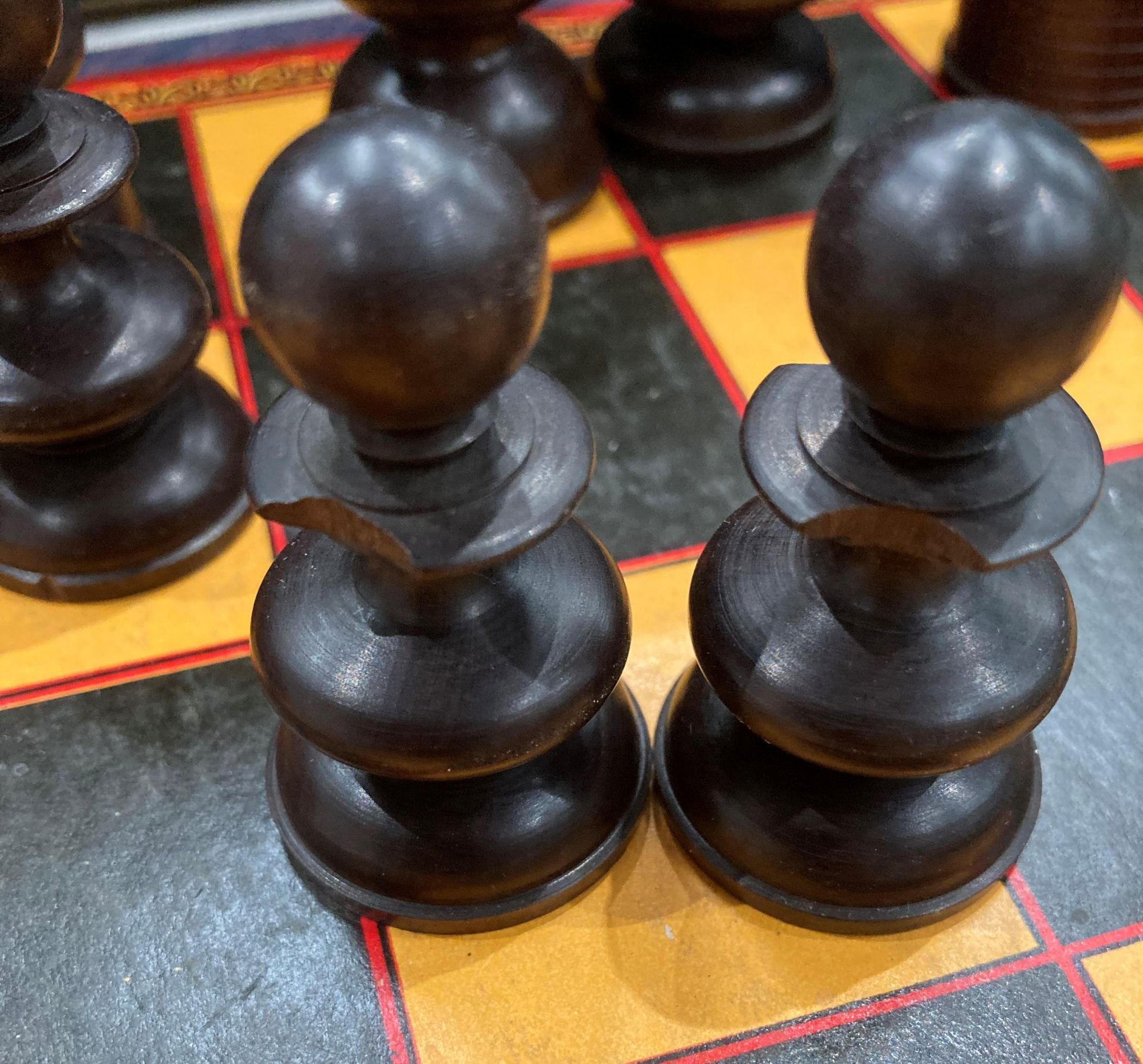 A wood chess set with one replacement castle and several pieces damaged complete with a walnut box - Image 7 of 13