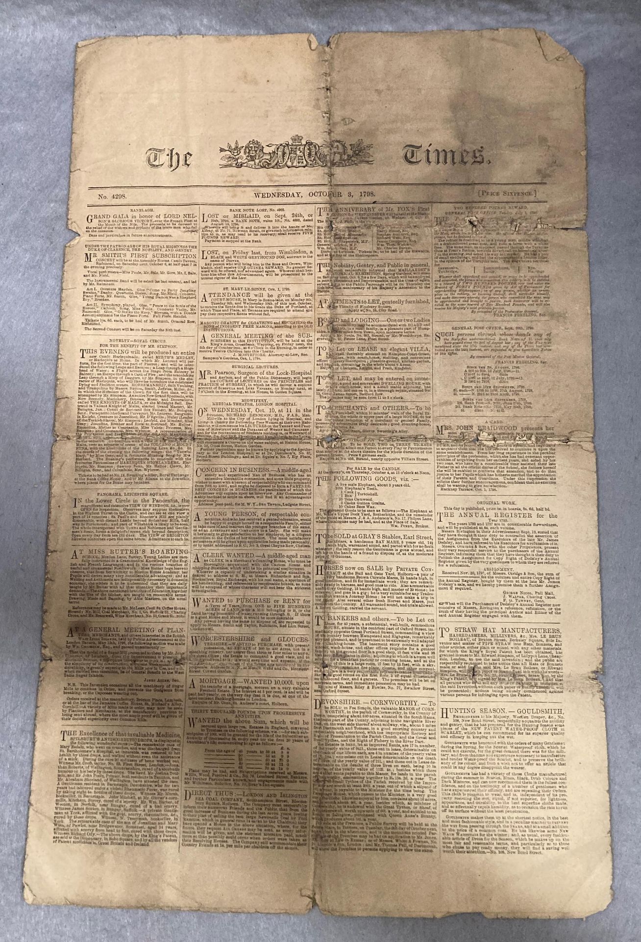 The Times Newspaper dated Wednesday October 3rd 1798 No.