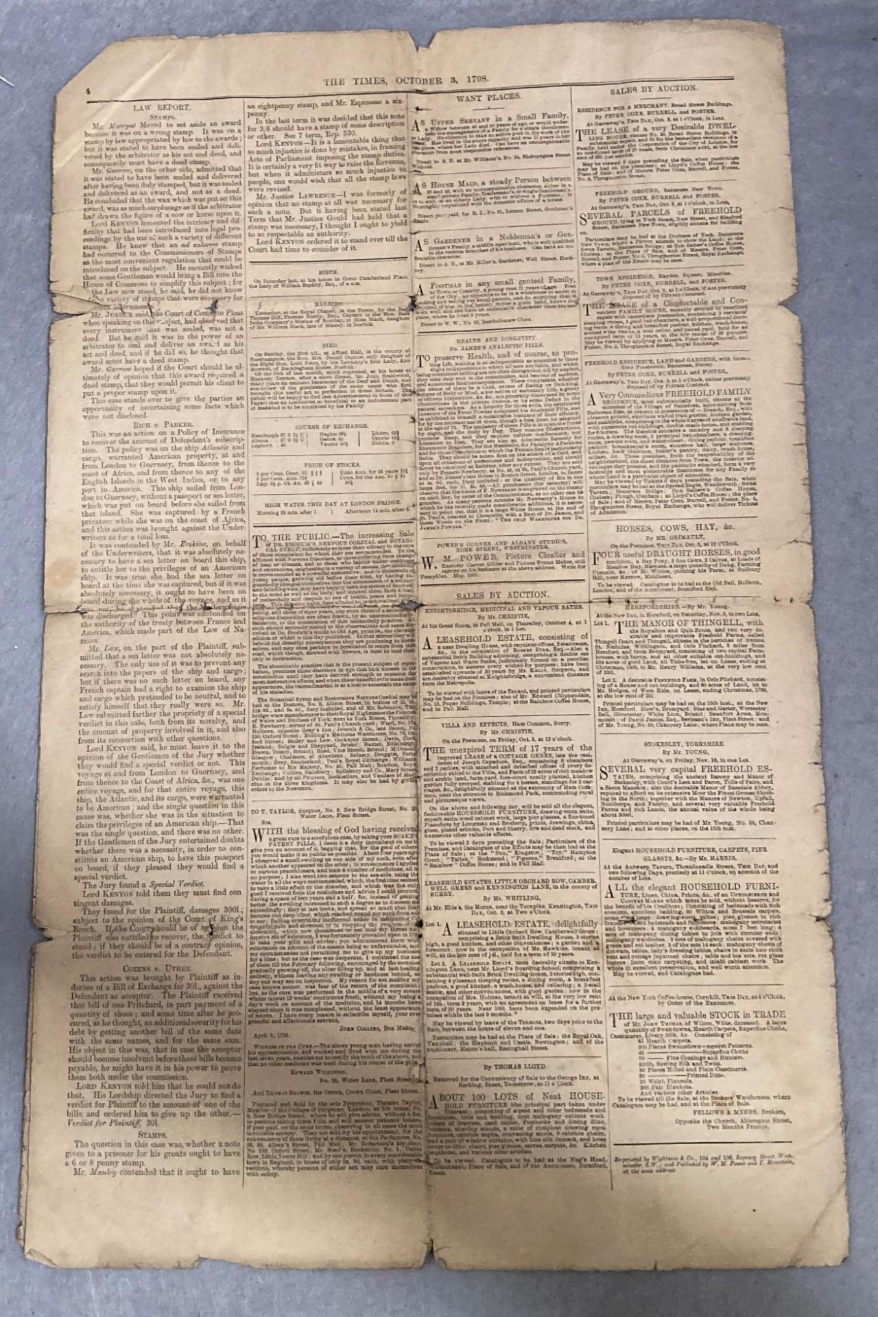 The Times Newspaper dated Wednesday October 3rd 1798 No. - Image 6 of 8