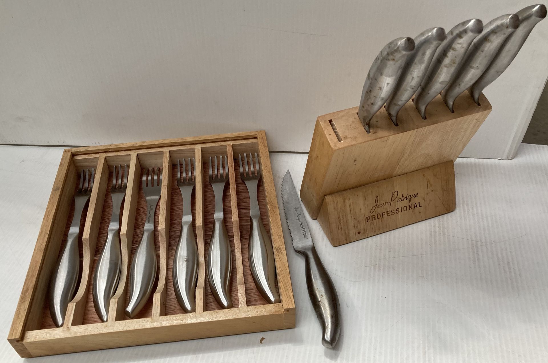 Jean Patrique Professional steak knife and fork and a 6 piece set in a wooden block and case