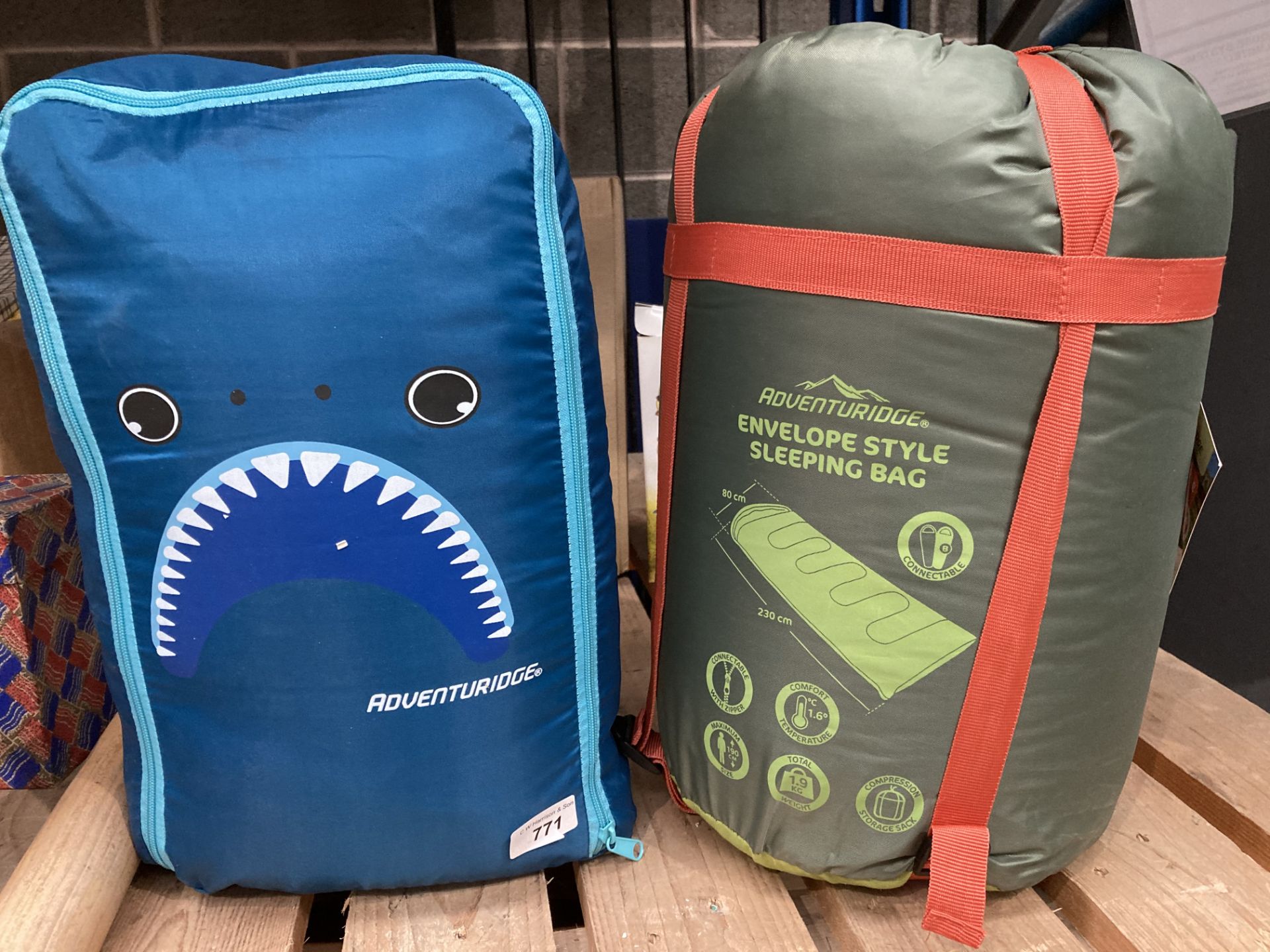 Adventuridge envelope style sleeping bag 80cm x 230cm and a Adventuridge Shark sleeping bag 170cm x