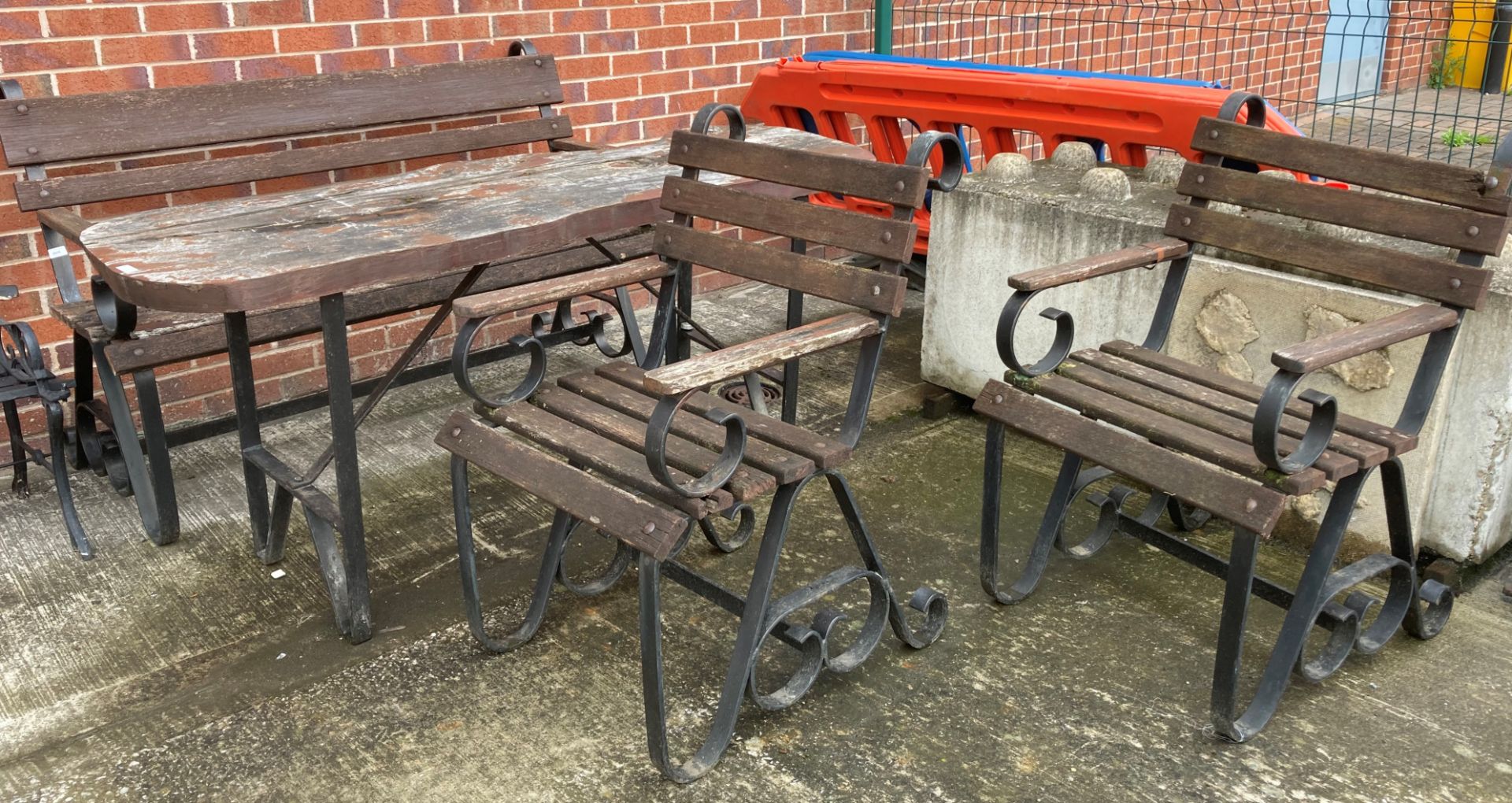 A custom made black metal framed garden table with wooden top 175cm x 54cm together with a matching