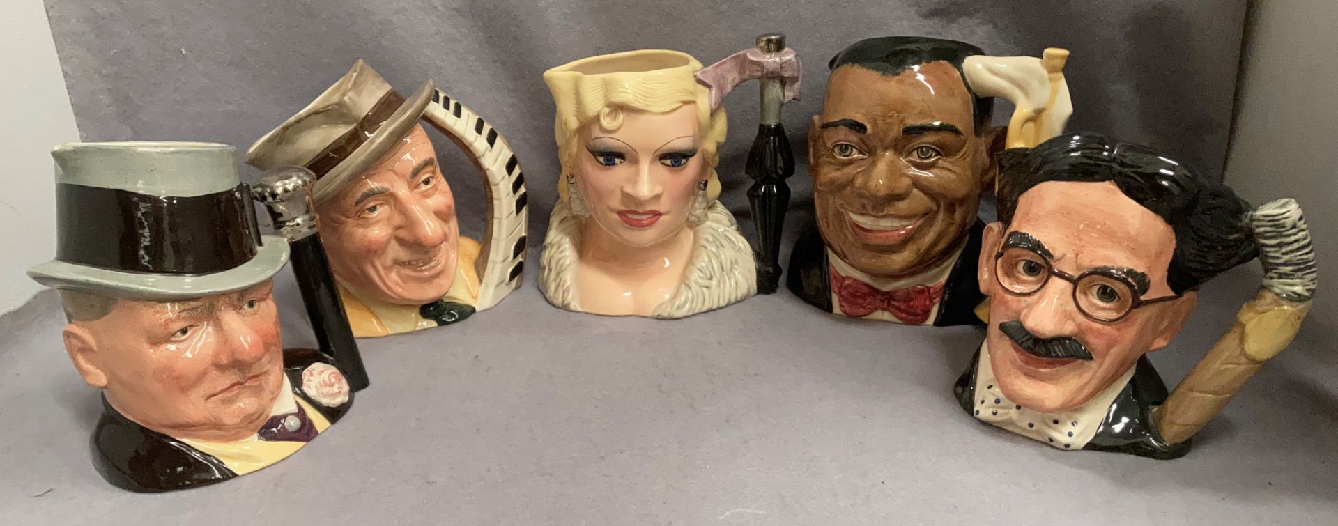 Five Royal Doulton The Celebrity Collection character jugs all approximately 20cm high - WC Fields