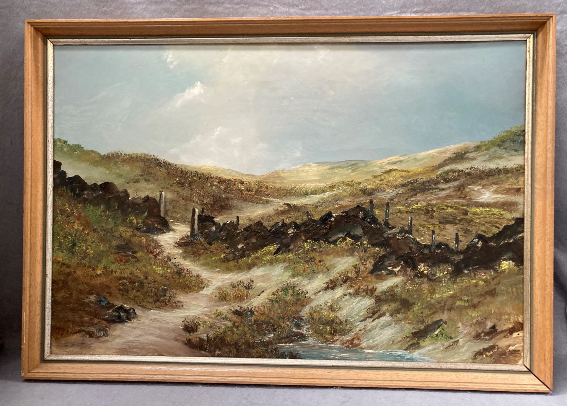 Rory Green - a framed oil on board - inscribed to verso Top - D' - T' Moor and signed 43cm x 62cm