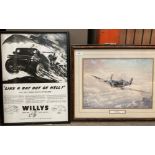 WILLYS JEEP framed black and white promotional print 'Like a bat out of Hell' 50cm x 36cm and Kevin