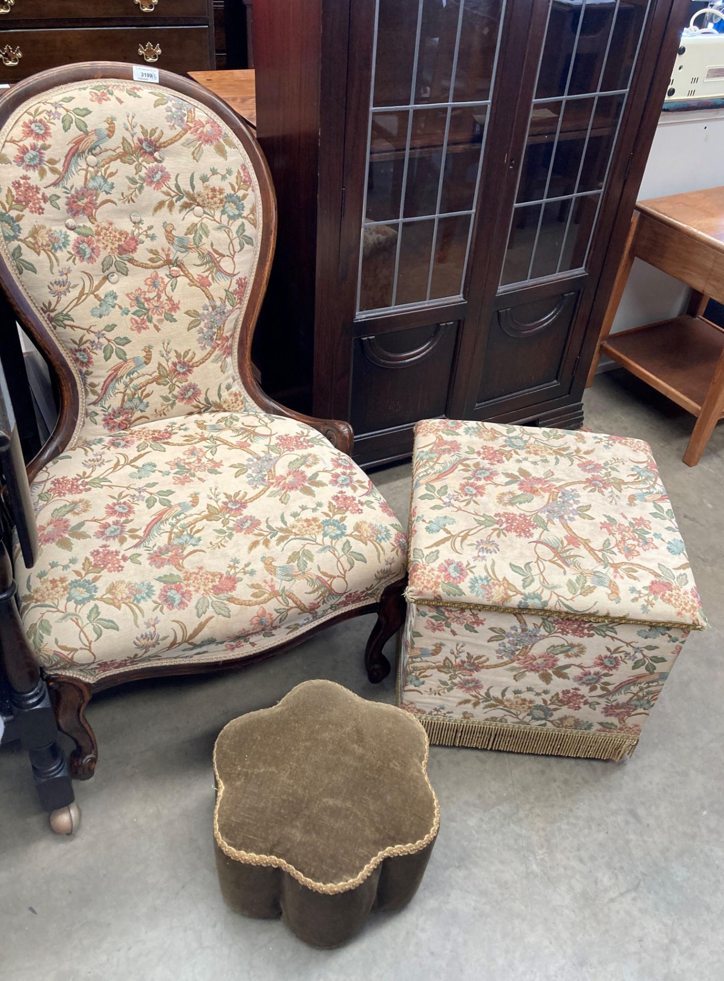 A stained mahogany balloon back nursing chair with yellow floral and bird patterned upholstery - Image 2 of 2