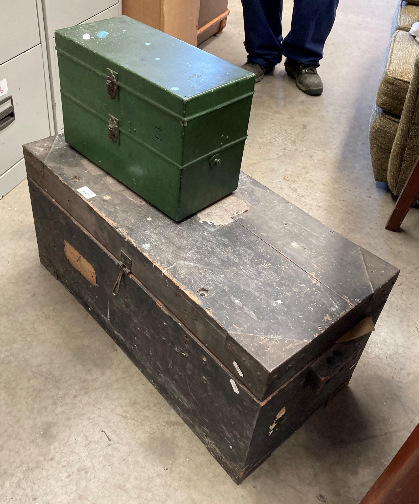 A black painted pine storage chest 74cm x 35cm x 36cm high and a small green metal storage box - Image 2 of 4