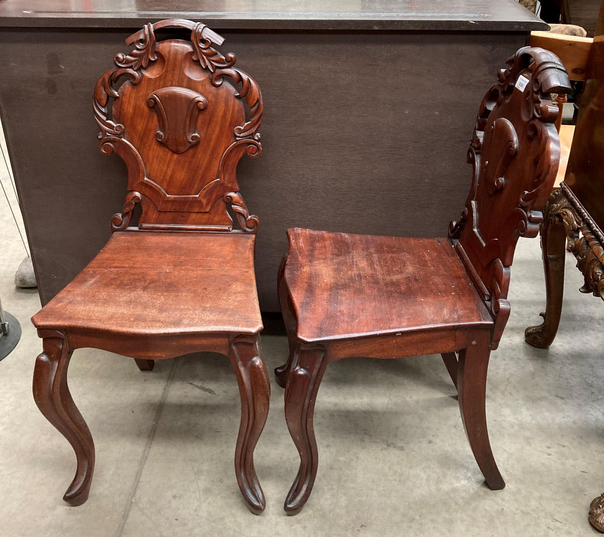 A pair of Victorian mahogany carved back hall chairs - Image 2 of 3