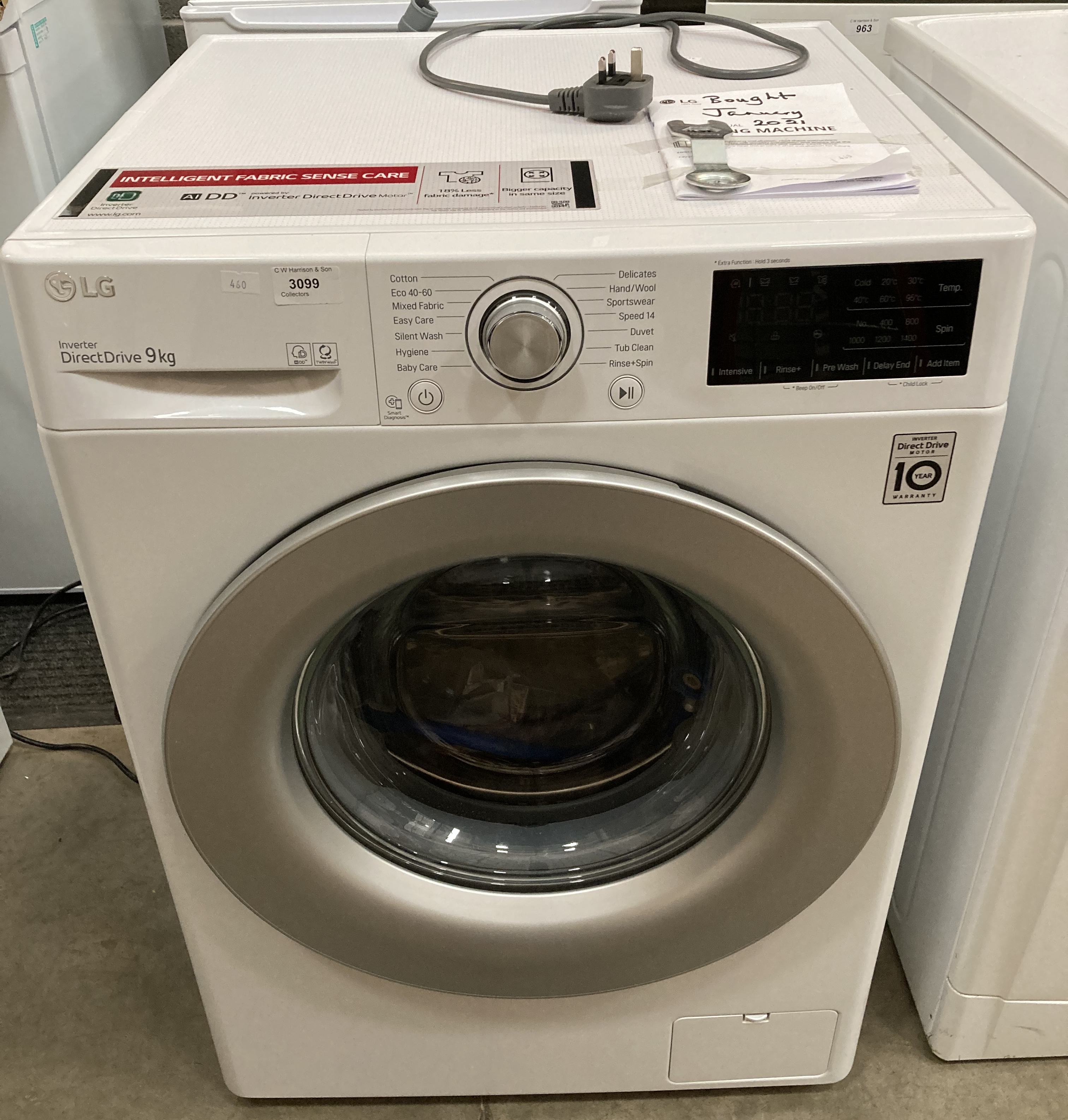 An LG Inverter Direct Drive 9kg automatic washing machine complete with manual advised bought new