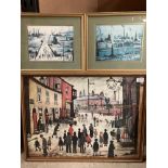 L. S. Lowry large framed print Street scene dated 1938 46cm x 60cm and two smaller L.S.