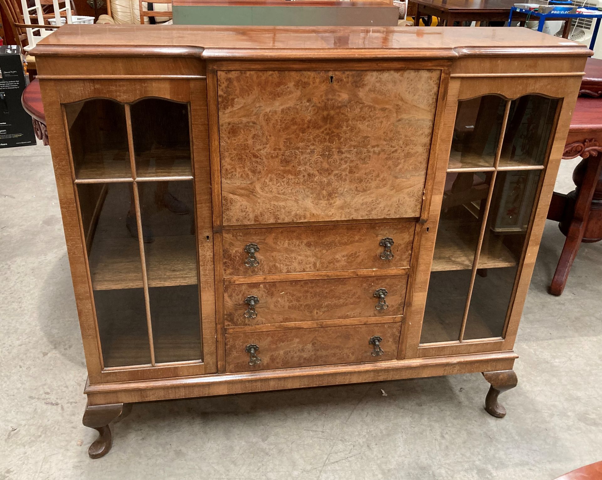 A walnut bureau display cabinet with centre fall front (locked,