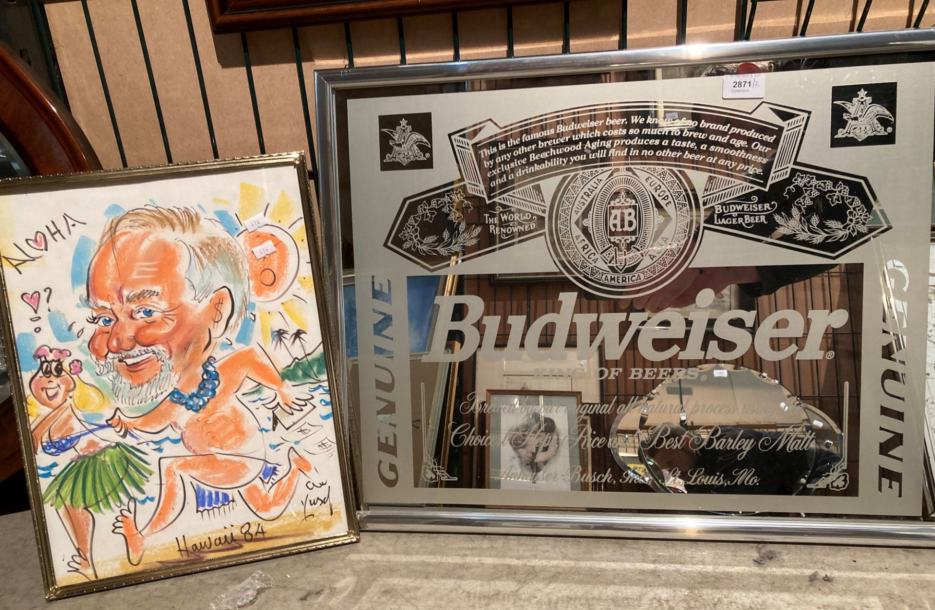 An etched wall mirror 'Budweiser Beers' 50cm x 60cm and a framed sketch 'Aloha Hawaii 1984'