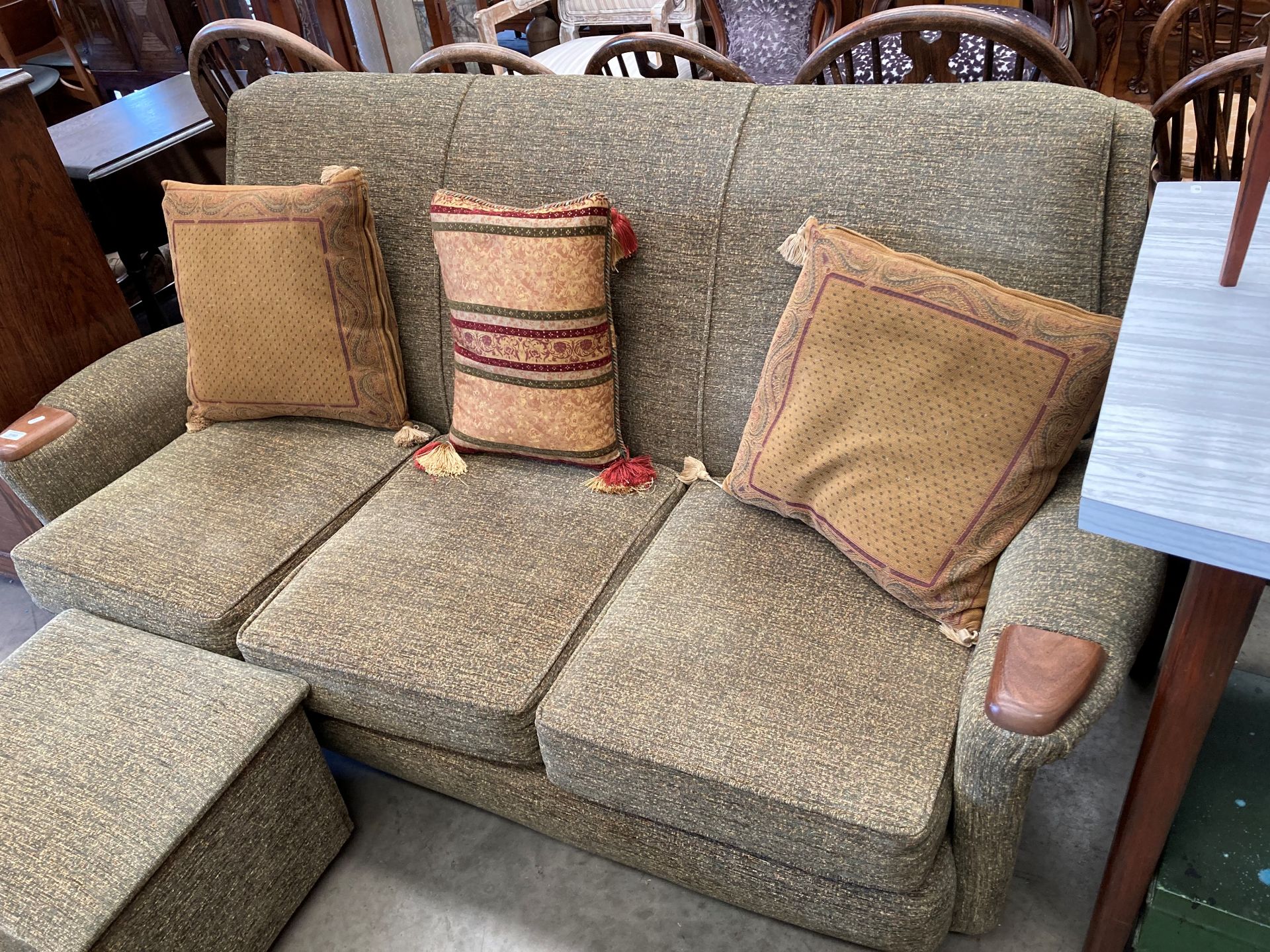 A green moquette three seater settee with matching lift top pouffe/storage box [Please note - the - Image 2 of 2