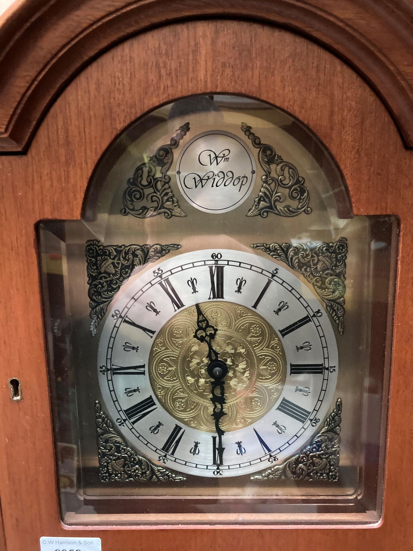 A modern mahogany stained long case clock with brass and metal face inscribed Wm Widdop 160cm x - Image 2 of 2