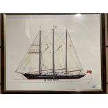 Rowe a framed coloured print of the 'Sir Winston Churchill' top sail schooner launched in 1966 40cm