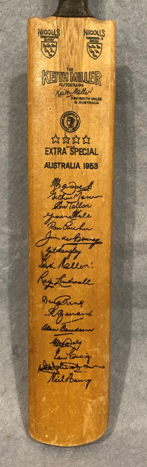 A miniature cricket 'Keith Miller' cricket bat featuring the facsimile autographs of the 1953 - Image 2 of 3