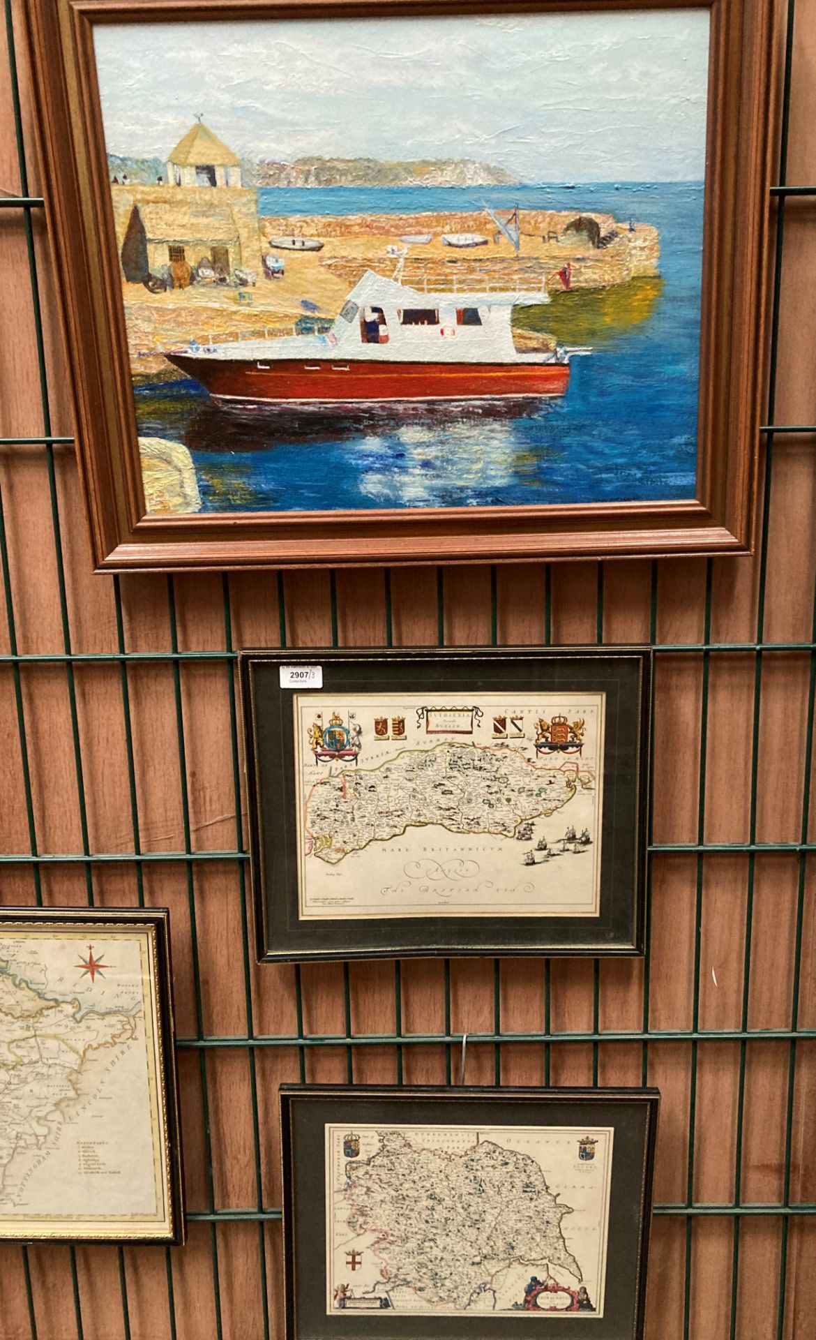 Harry Appleyard a framed oil painting harbour scene 40cm x 50cm and two small framed reproduction