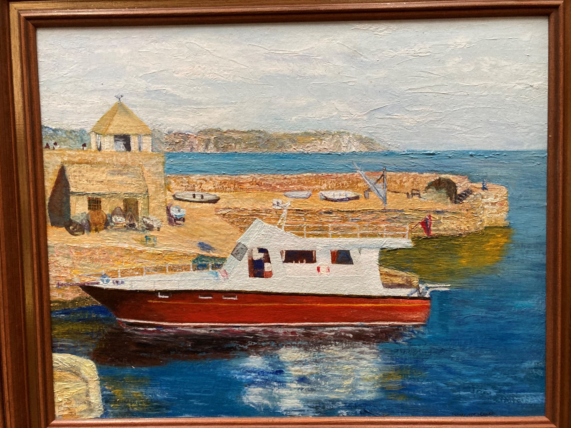 Harry Appleyard a framed oil painting harbour scene 40cm x 50cm and two small framed reproduction - Image 4 of 4