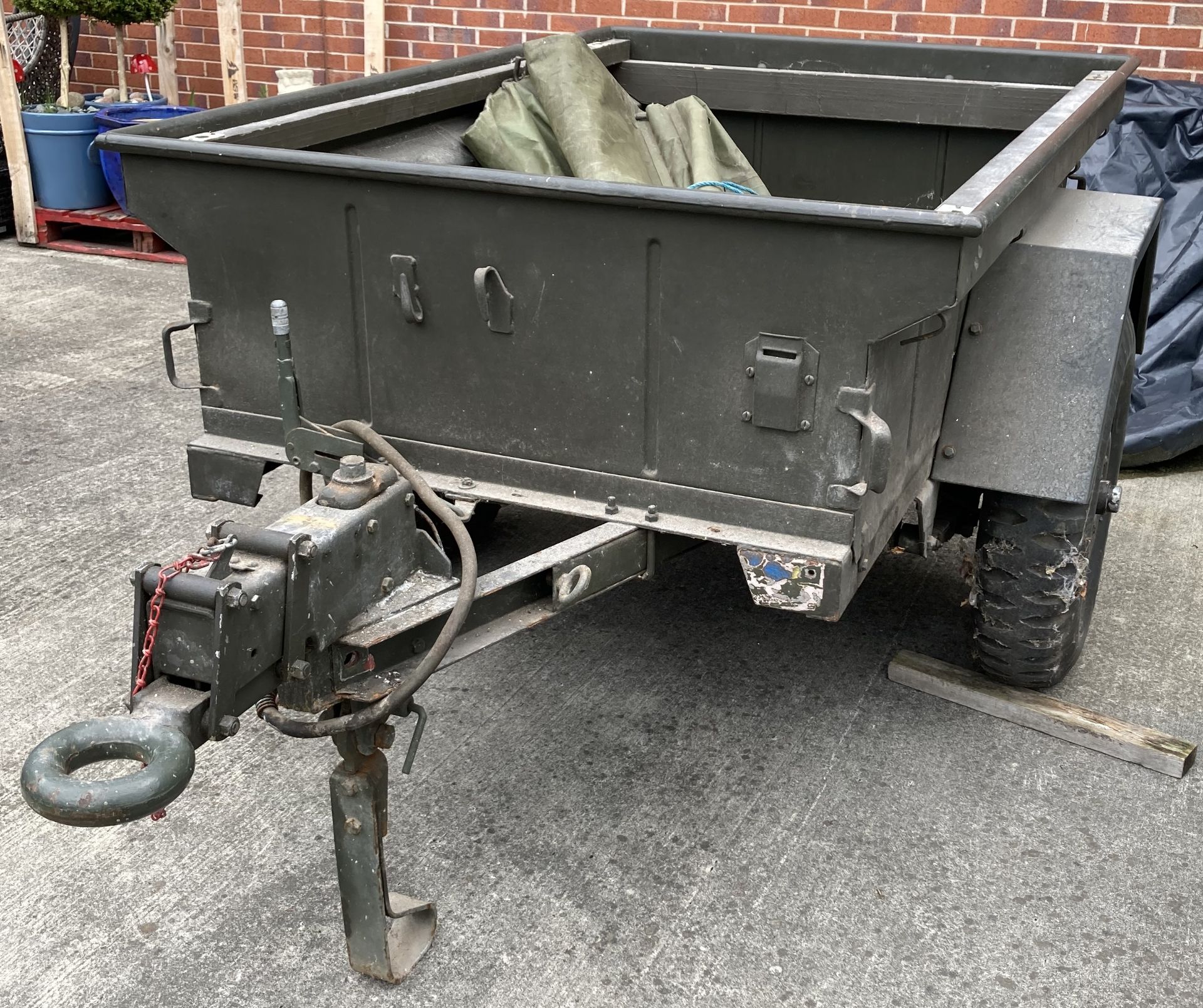 A military green metal single axle trailer, 130cm x 190cm x 147cm deep, complete with cover, - Image 2 of 5