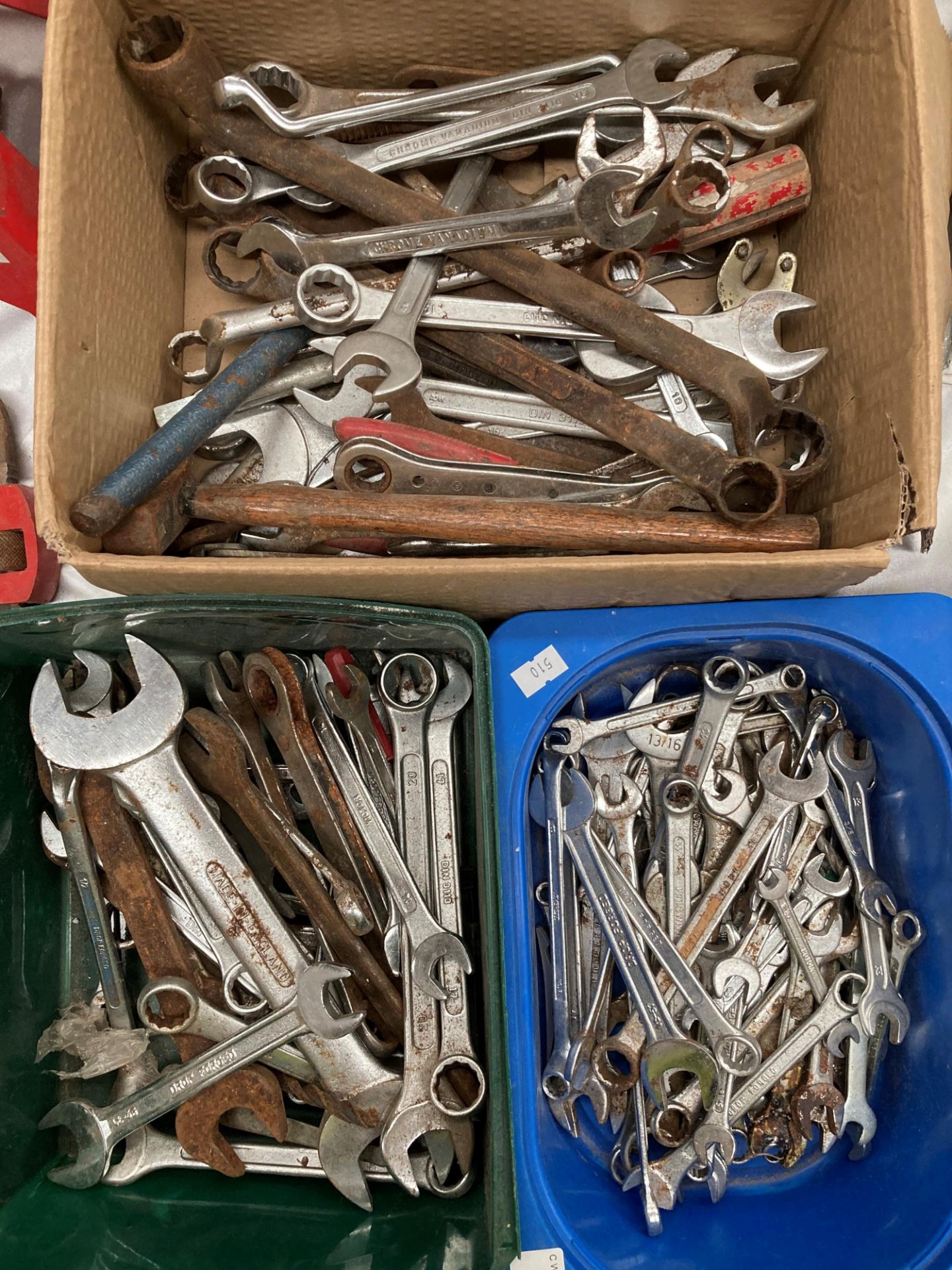 Contents to three tubs - a quantity of assorted spanners by Victor, Expert, etc.