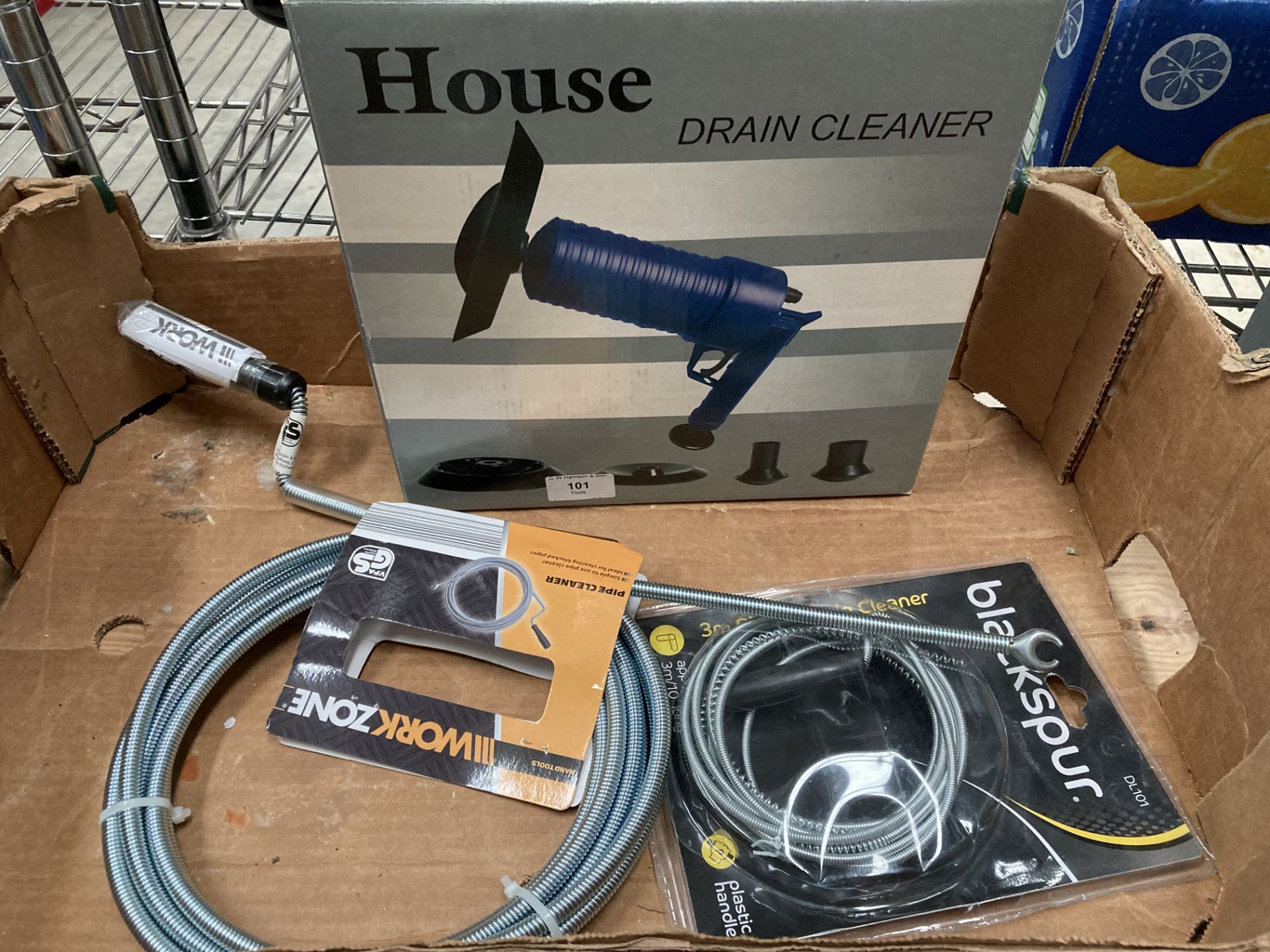 Contents to box - three assorted items of drain cleaning equipment