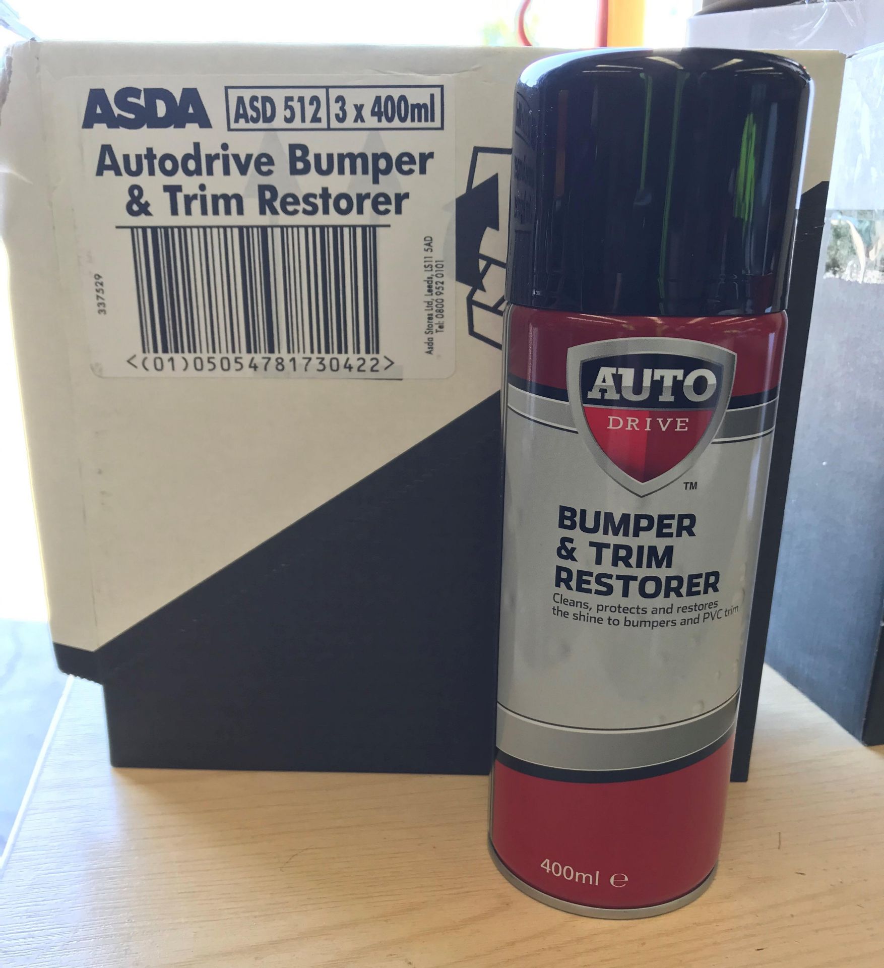 20 boxes of three 400ml cans of Asda Autodrive bumper and trim restorer *Please note this lot is