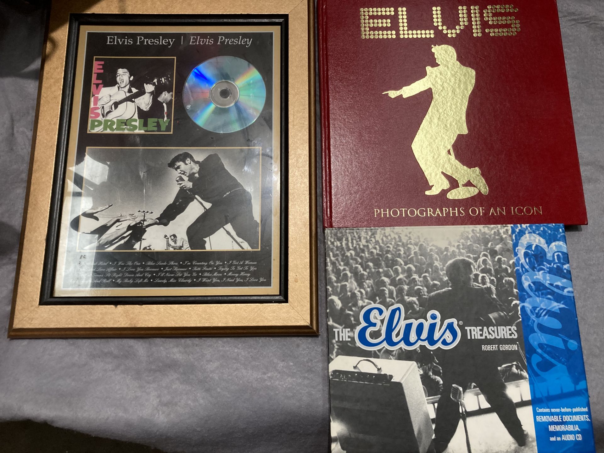 Framed Elvis Presley picture and CD and a collectors Elvis Treasure book/annual by Robert Gordon