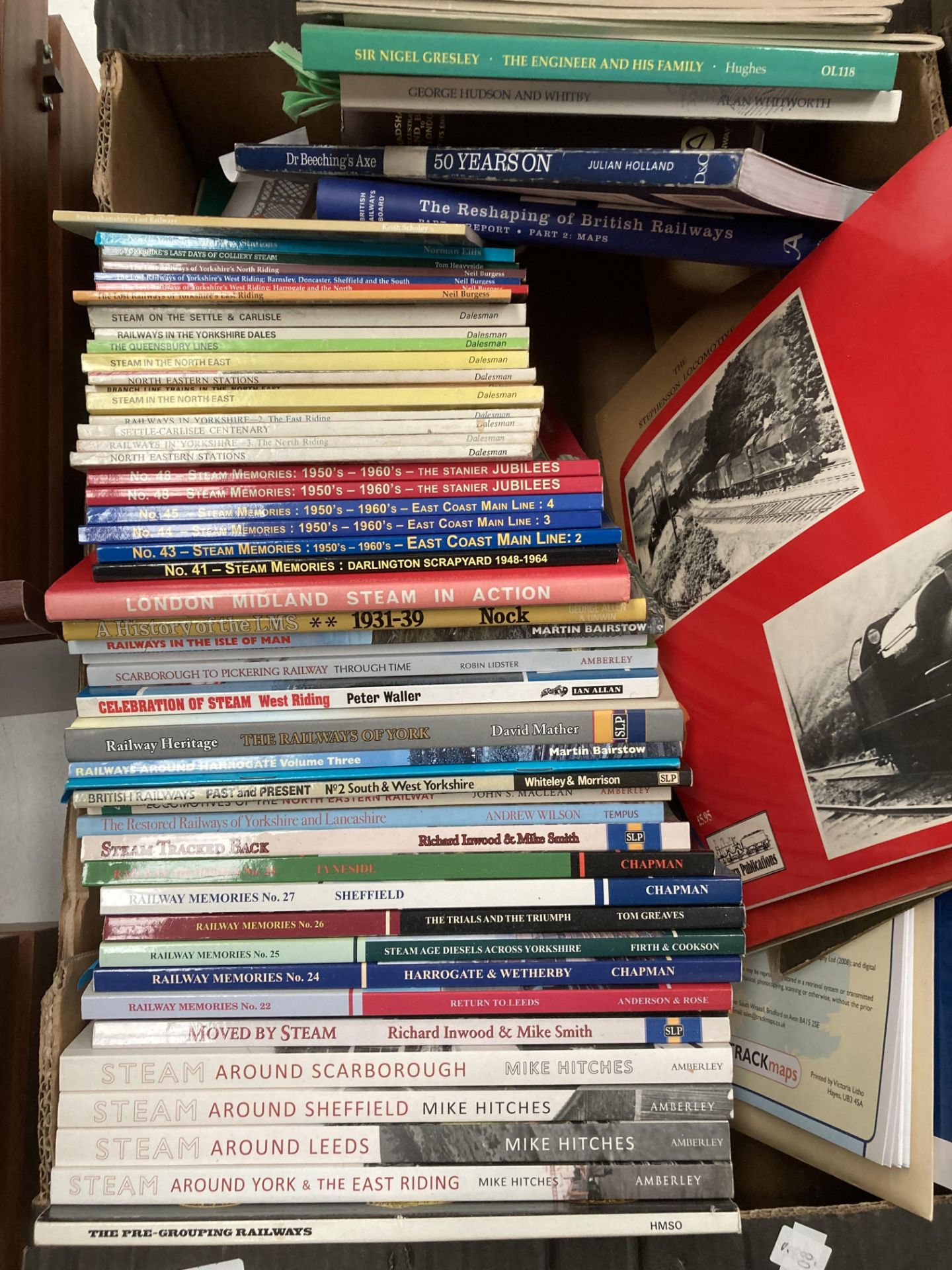 Contents to box 70 books on railway, steam, maps, locomotives, celebrations of steam,