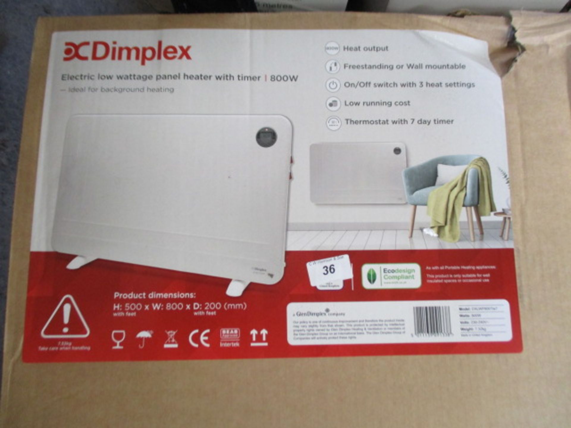 Dimplex electric low wattage panel heater with timer DXLWP800TIE7