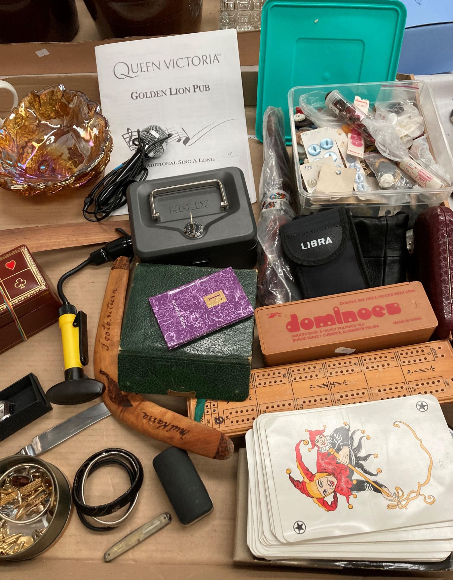 Contents to tray - boomerangs, Helix cash box, sewing accessories, games and cards, - Image 3 of 3