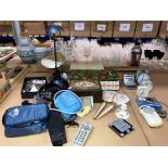 Contents to part of rack - alarm clocks, boxes, table lamp,