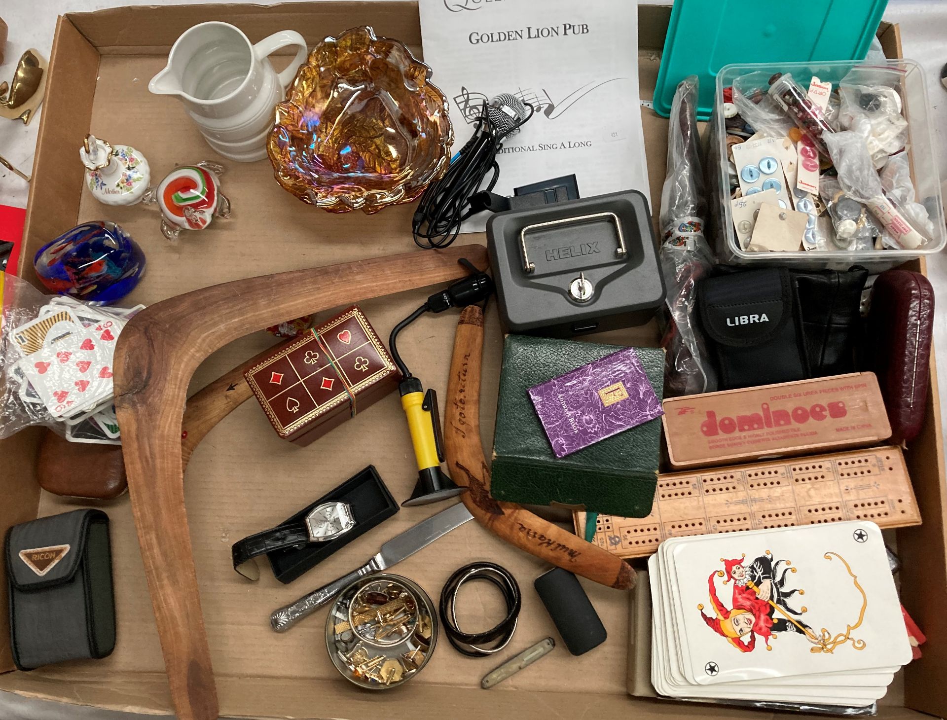 Contents to tray - boomerangs, Helix cash box, sewing accessories, games and cards,