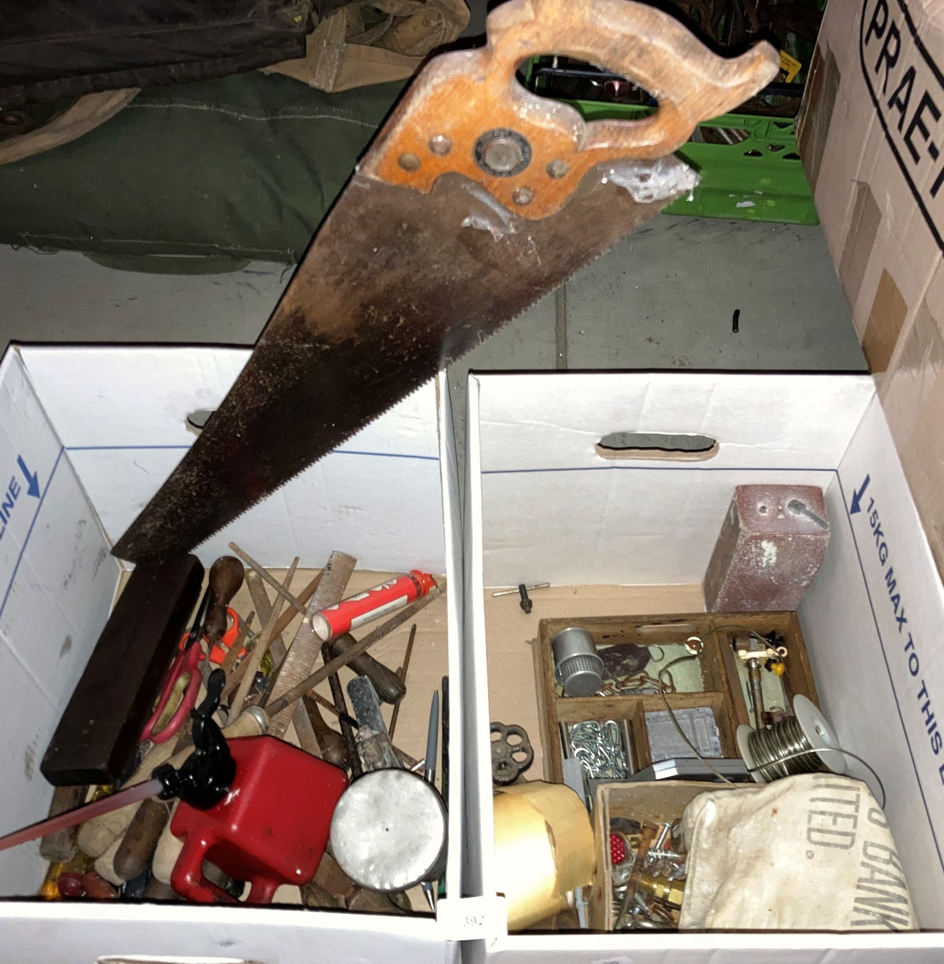 Contents to two boxes - assorted hand tools, BEN model G spray gun, saw, files, screws etc.