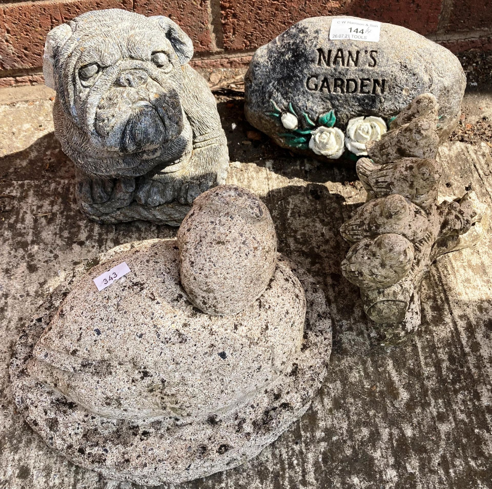 Four small concrete garden ornaments - dog, nan's garden,