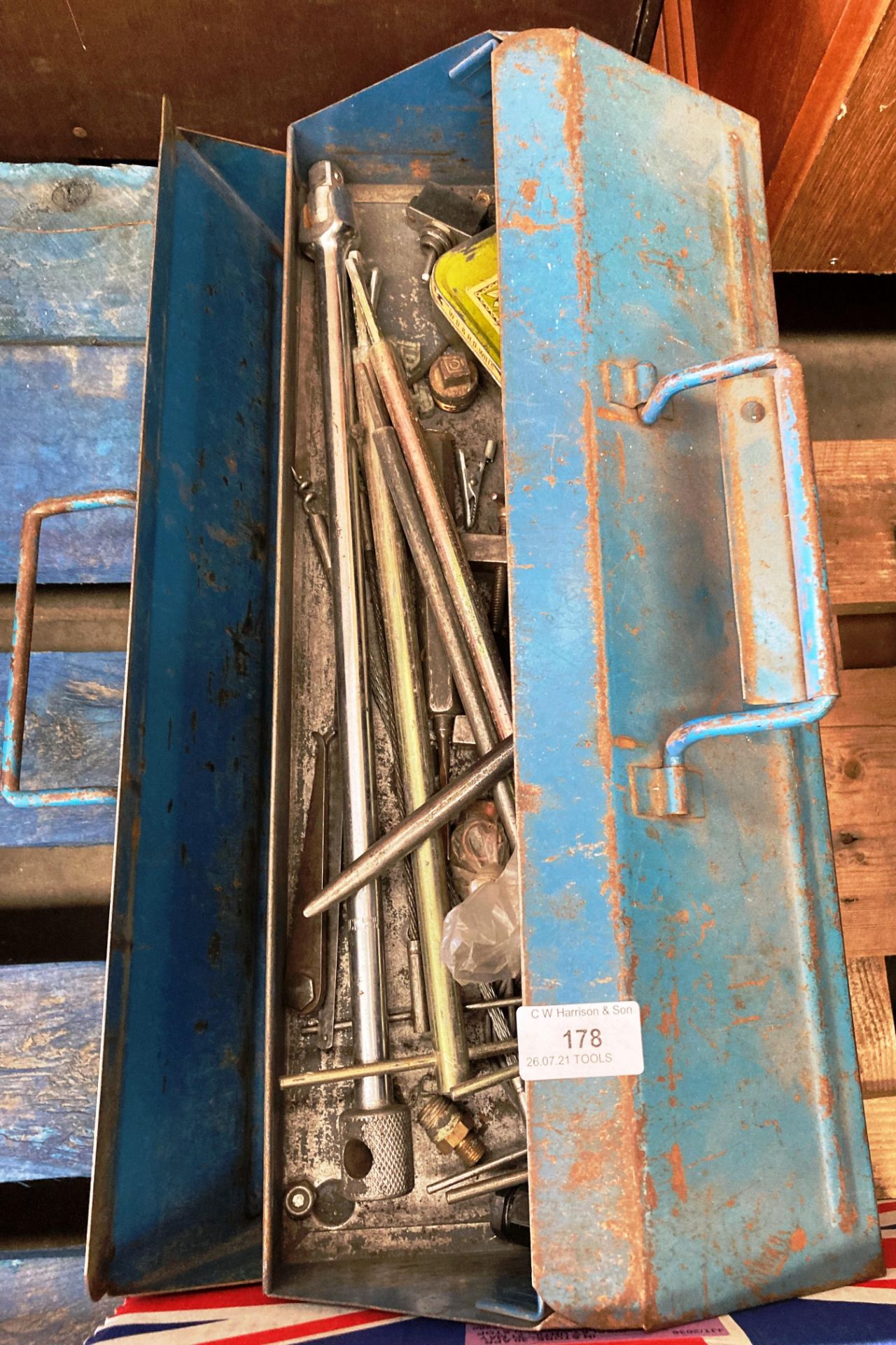 Blue metal cantilever tool box and contents - assorted tools - spanners,