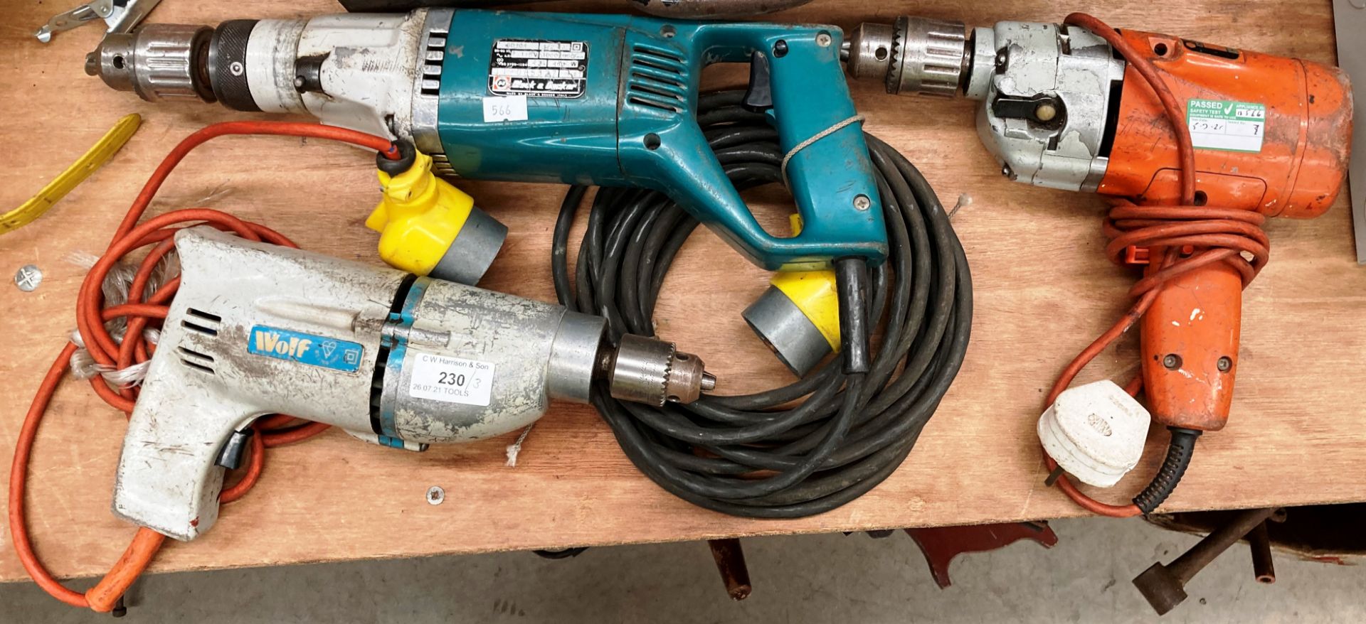 Three items - Wolf and B&D 240v drills and a B&D GD104 118v hammer drill