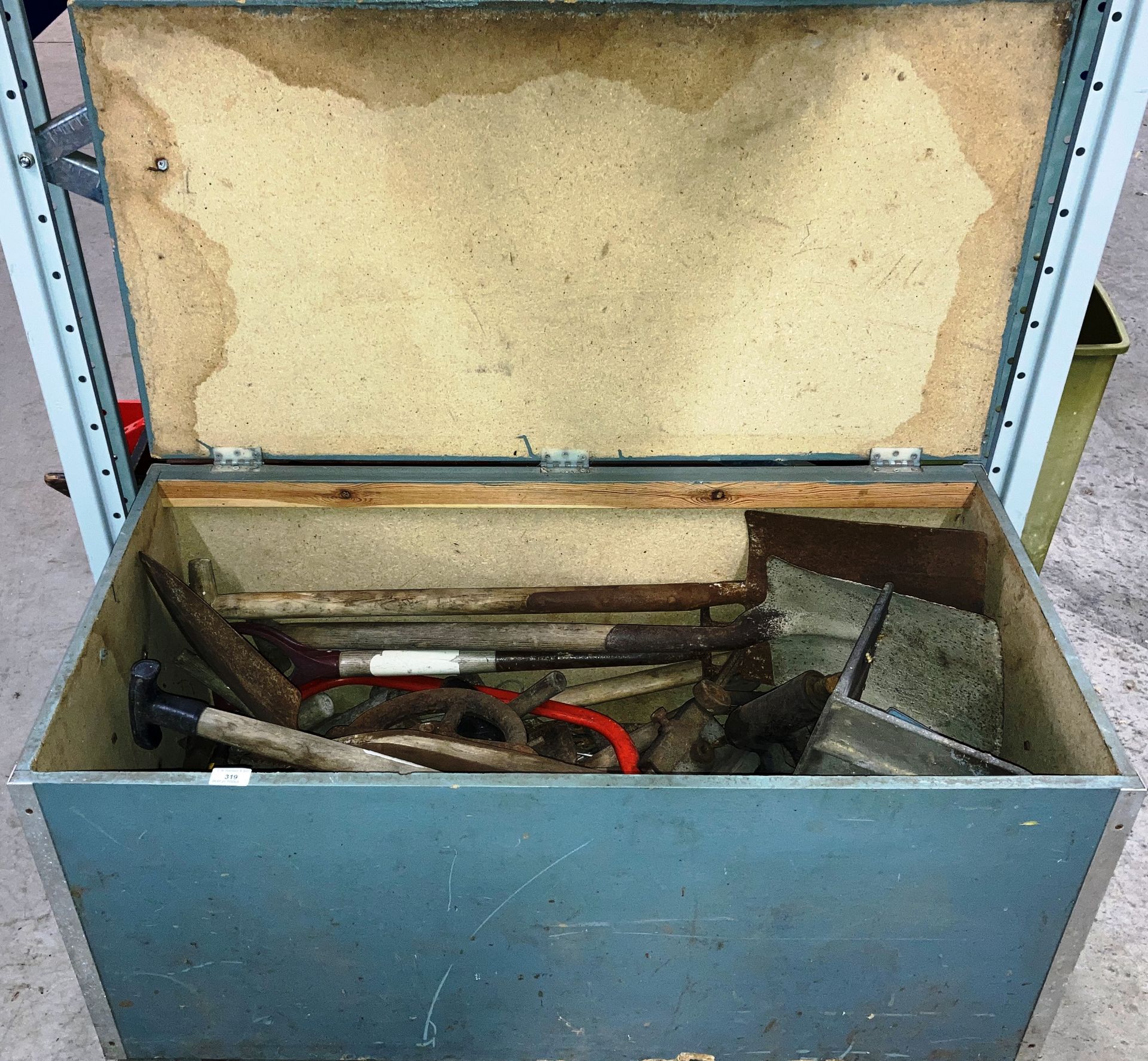 Large chipboard tool chest - 110cm x 57cm x 53cm deep and all contents - shovels, chisels,