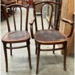 A bentwood armchair and chair (seat damaged)