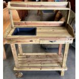 A pine singe drawer mobile potting bench with under tray and top rack 93 x 44 x 82cm (top of table)