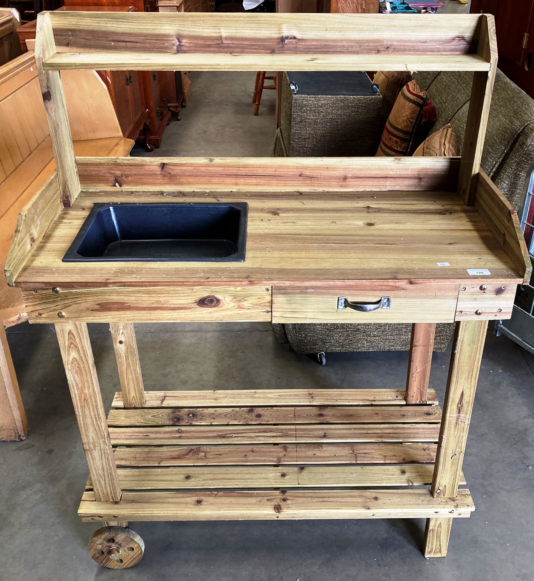 A pine singe drawer mobile potting bench with under tray and top rack 93 x 44 x 82cm (top of table)