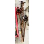 Three items - large sash cramp 140cm and two pipe vices/cutters