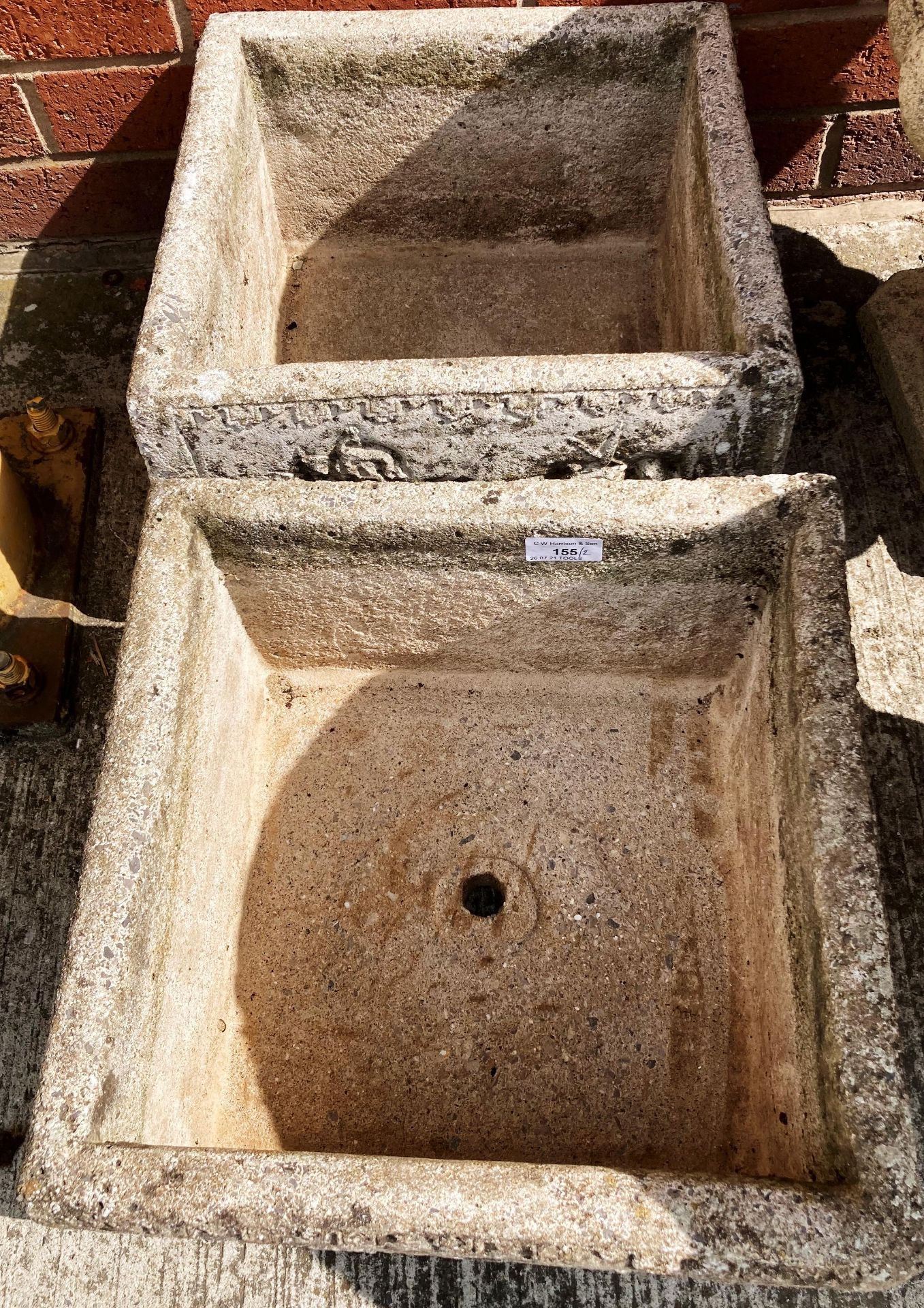 A pair of composition and concrete square garden planters each 28 x 28 x 17cm deep - Image 2 of 2