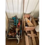 Two boxes of assorted tools - last, double head grinder (flex cut off) branch loppers, etc.